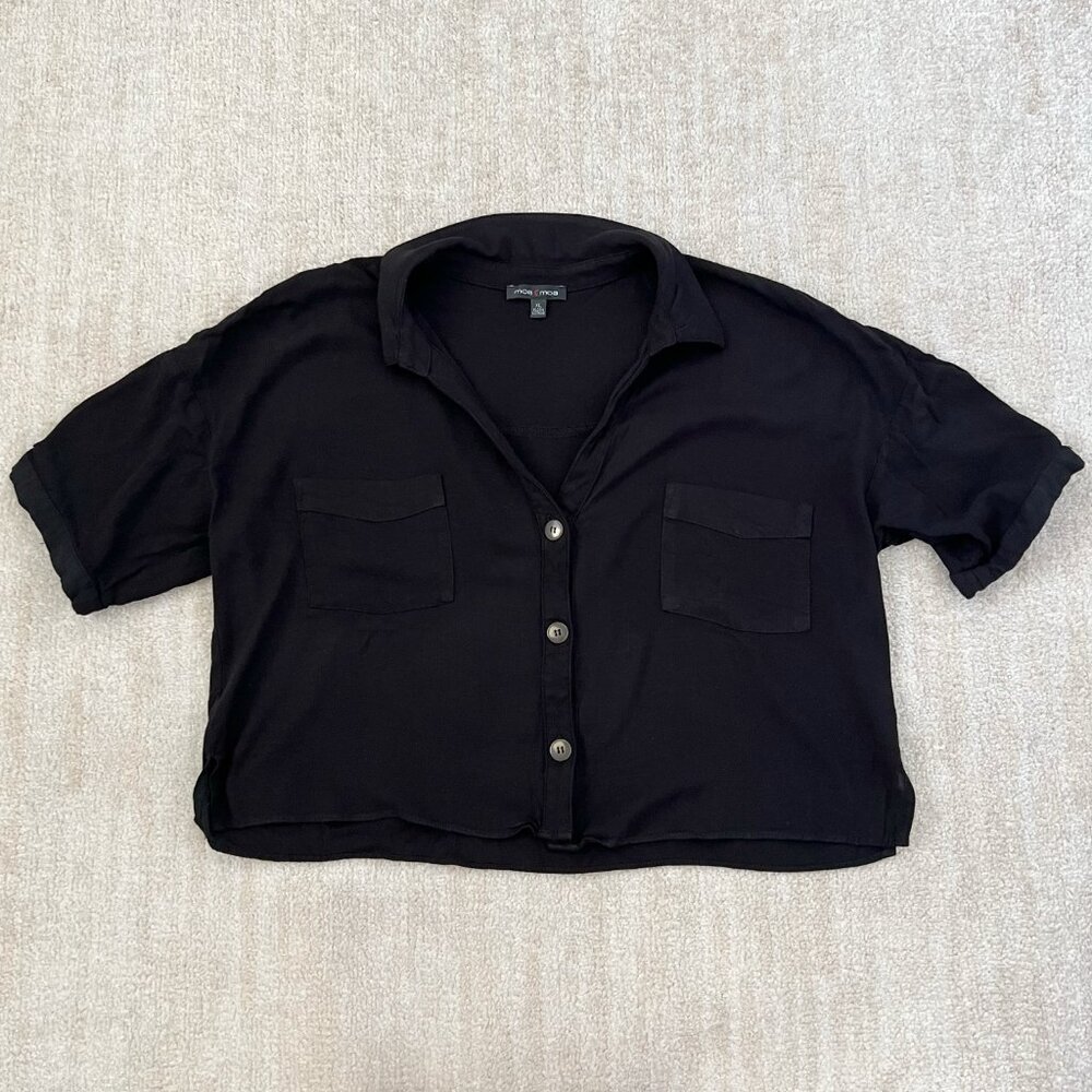 Moa Moa Black Short Sleeve Summer Button Up Blouse Crop Top XL